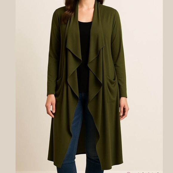 SYMPLI open front long cardigan duster Olive Green Drape Cardigan jacket size 2 - Picture 12 of 12